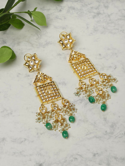Long Kundan Earrings with Green Stone- Ruby Raang