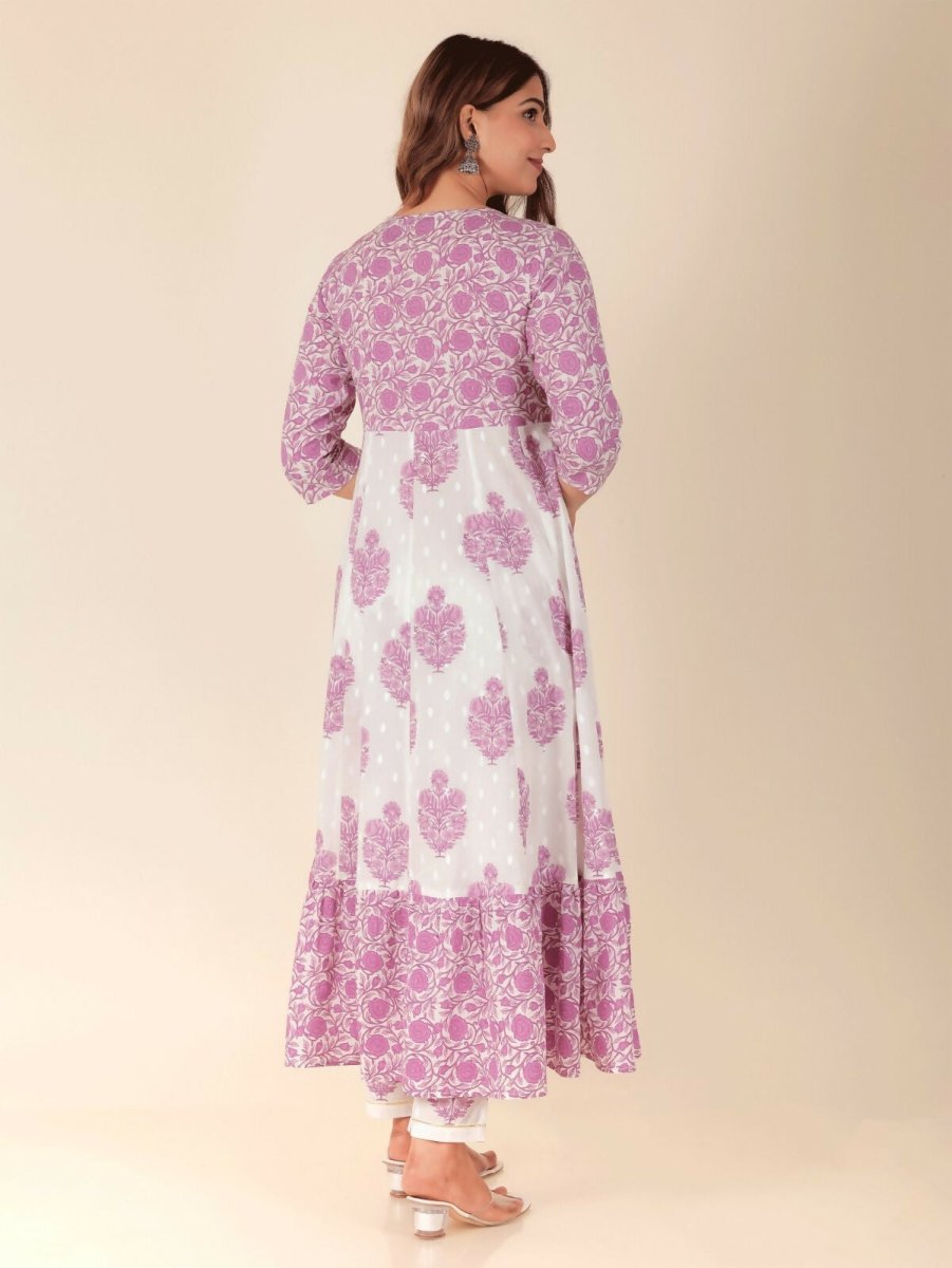 Aramya Anarkali Soft Cotton Floral Print Women's Kurta Set - White