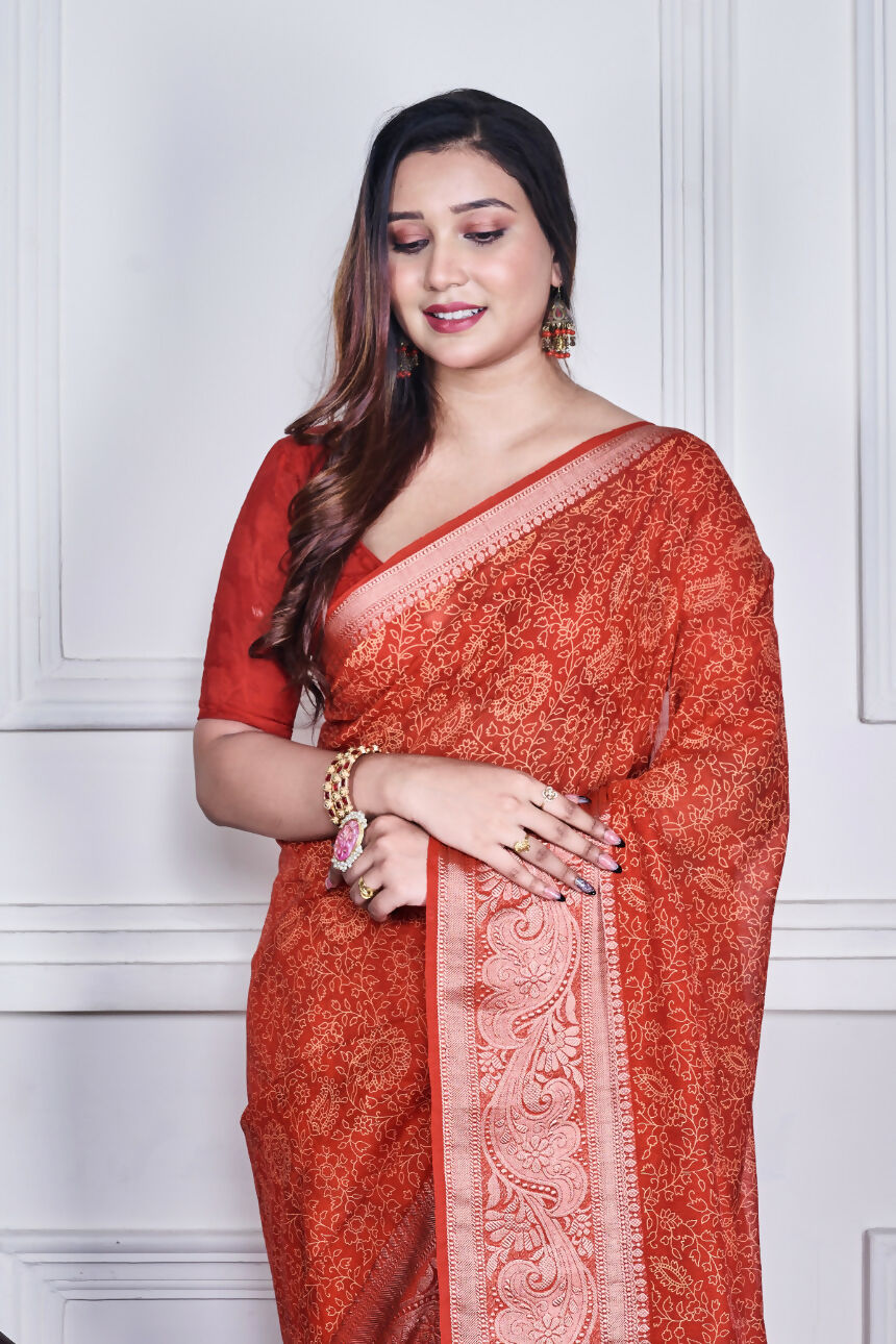 Morchari Red Script Printed Orzanga Saree Unstitched Blouse