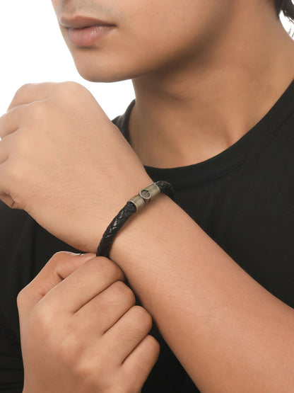 NVR Men's Set of 2 Black Leather Bracelet