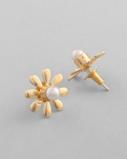 VOJ Gold-Polished Flower Shaped Pearl Stud Earrings