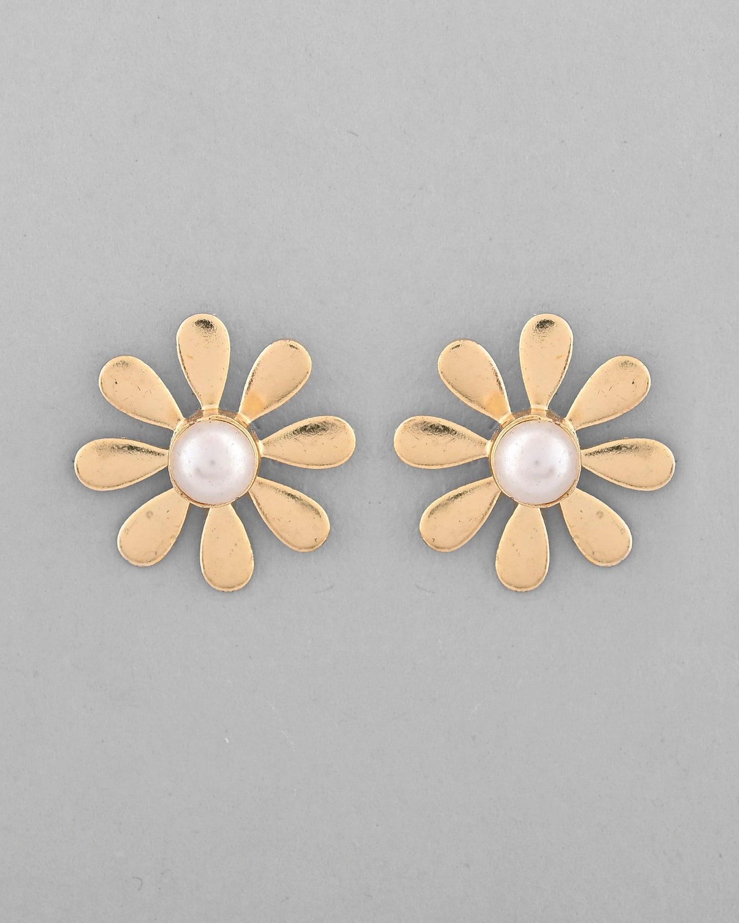 VOJ Gold-Polished Flower Shaped Pearl Stud Earrings