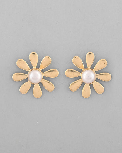 VOJ Gold-Polished Flower Shaped Pearl Stud Earrings