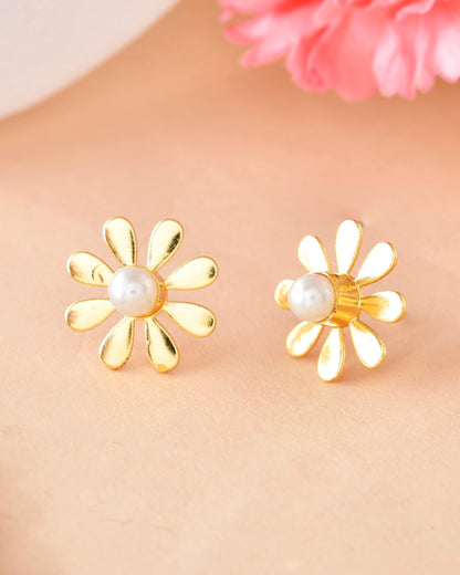 VOJ Gold-Polished Flower Shaped Pearl Stud Earrings