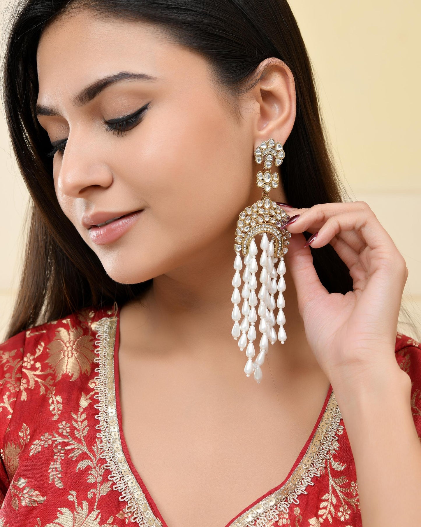 VOJ Kundan Studded White Pearl Long Drop Earrings