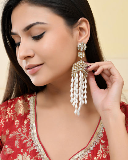 VOJ Kundan Studded White Pearl Long Drop Earrings