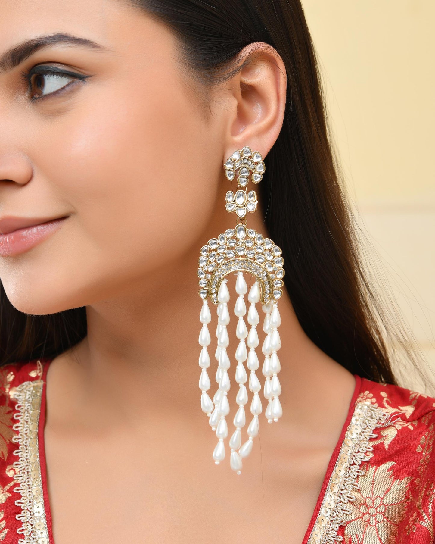 VOJ Kundan Studded White Pearl Long Drop Earrings