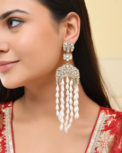 VOJ Kundan Studded White Pearl Long Drop Earrings