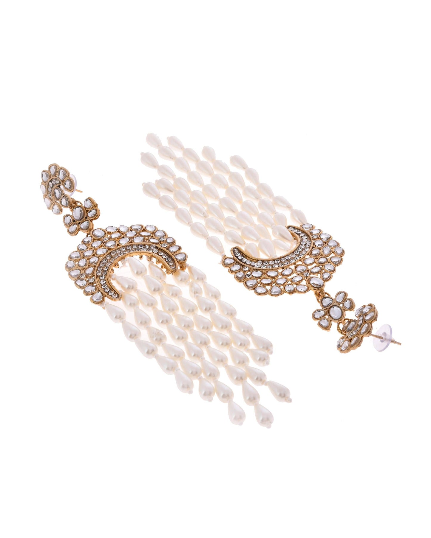 VOJ Kundan Studded White Pearl Long Drop Earrings