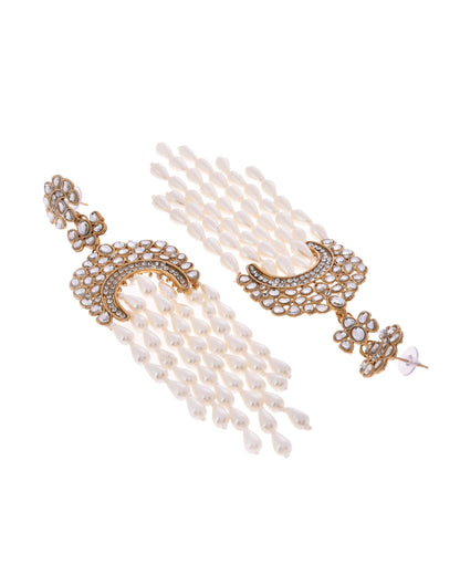 VOJ Kundan Studded White Pearl Long Drop Earrings