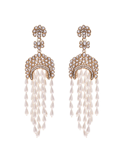 VOJ Kundan Studded White Pearl Long Drop Earrings