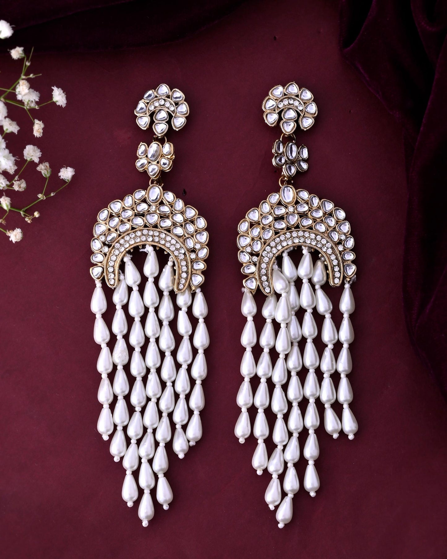 VOJ Kundan Studded White Pearl Long Drop Earrings