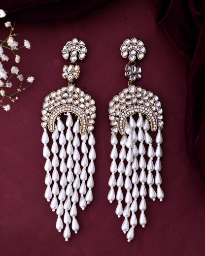 VOJ Kundan Studded White Pearl Long Drop Earrings