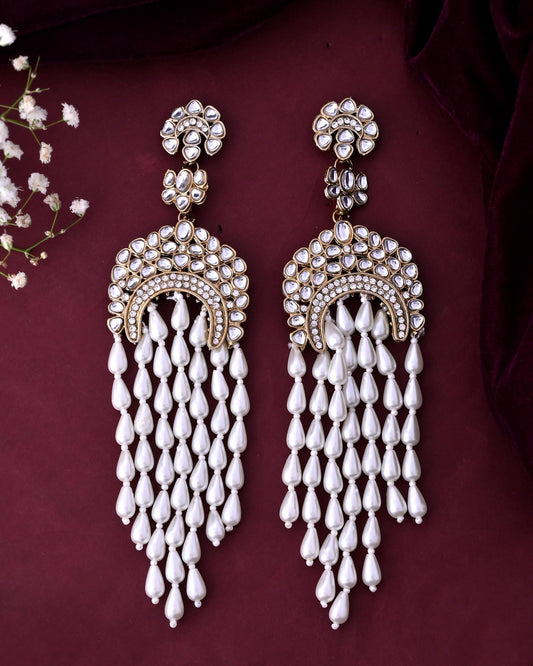 VOJ Kundan Studded White Pearl Long Drop Earrings