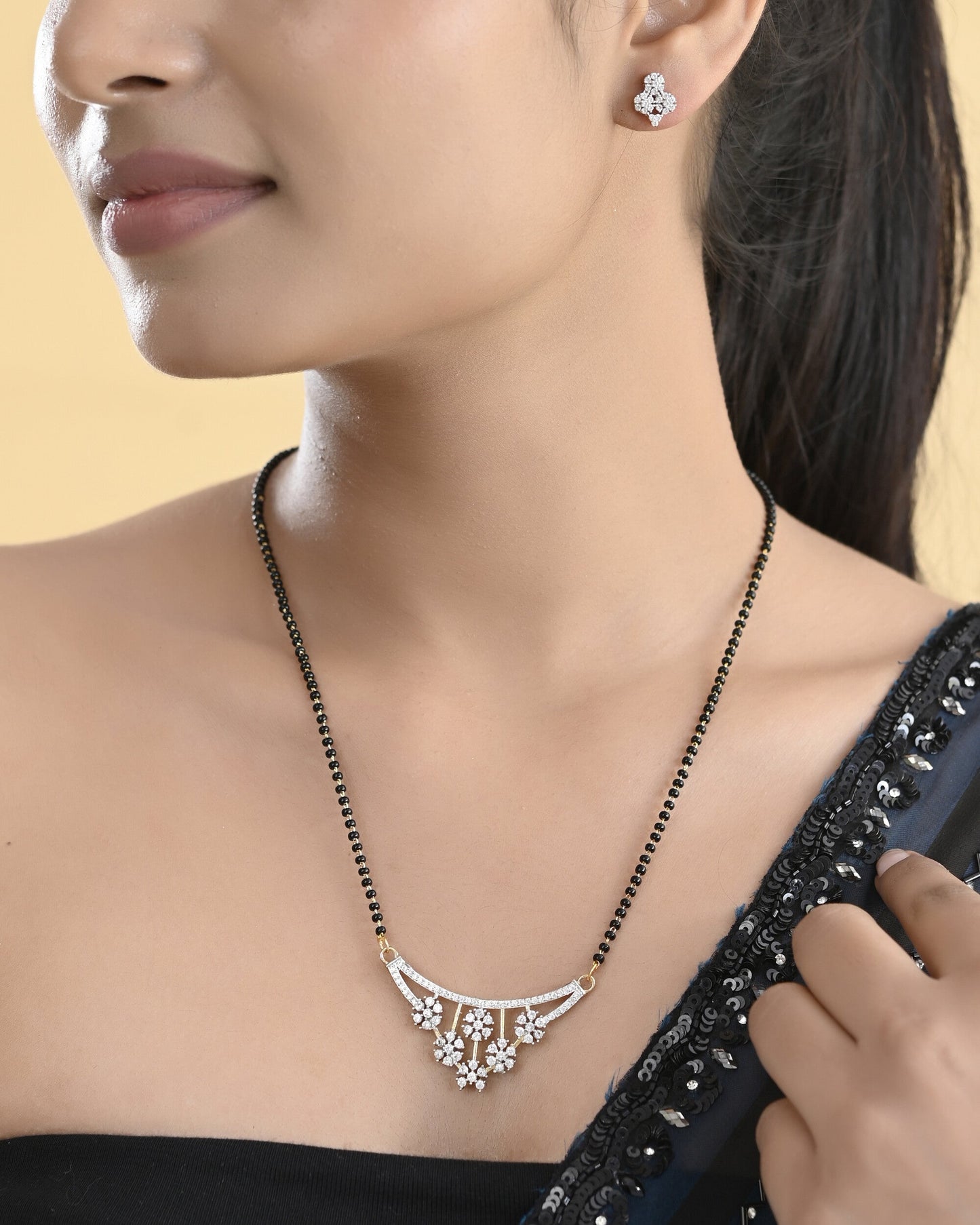 VOJ Gold Toned AD Stone Studded Floral MangalSutra Set
