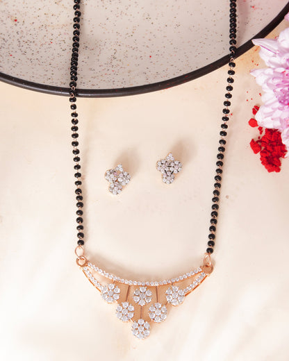 VOJ Rose Gold Toned AD Stone Studded Floral MangalSutra Set