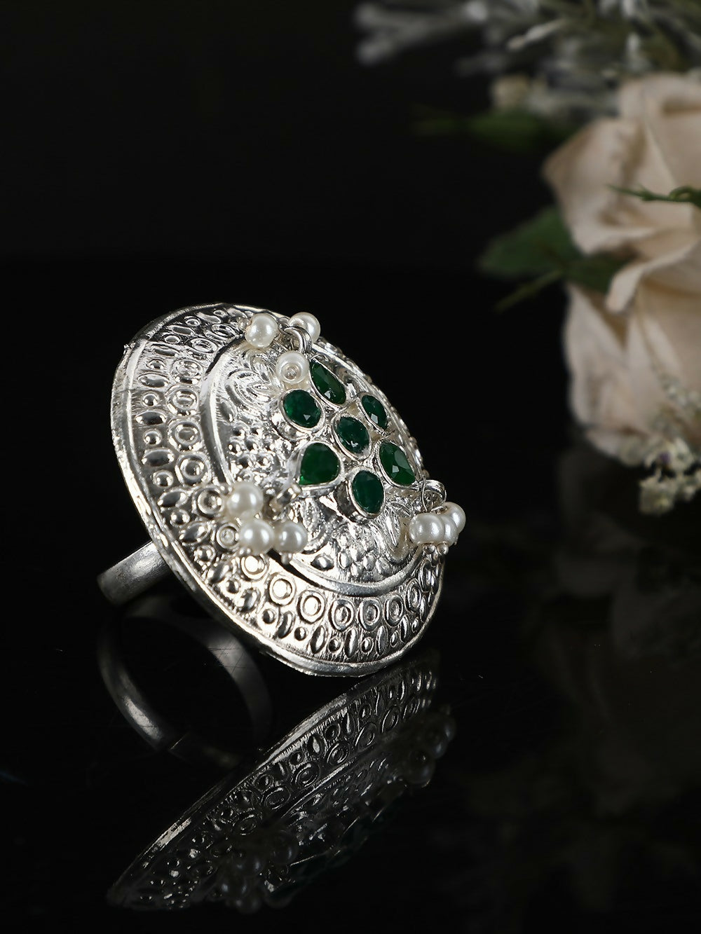 Joban Fashion Women Green Stone Silver Tone Ring