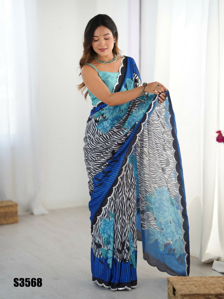 Blue Chinon Designer Digital Printed,Mirror Cut Work Saree - Manvika