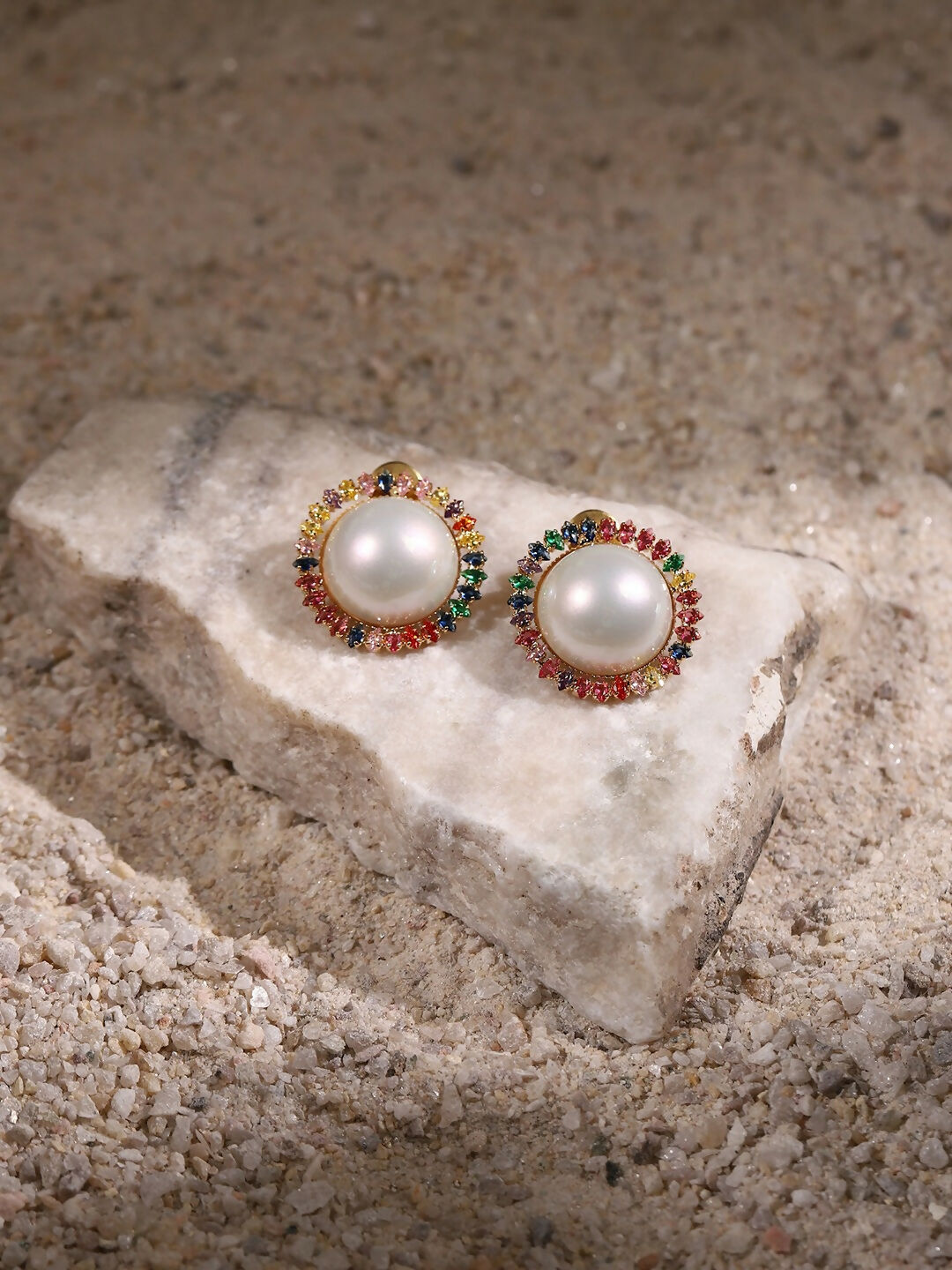 Pearl Studs with Multi Stones- Ruby Raang
