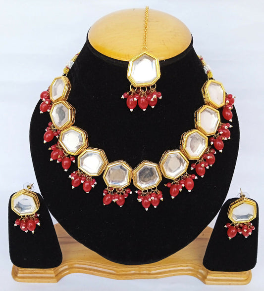 Joban Fashion Red Kundan Work Necklace Set