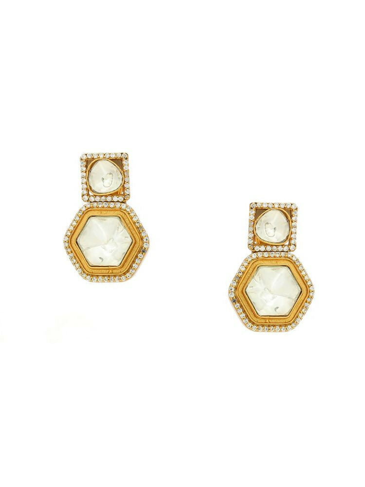 square kundan earrings with hexagon drop - Ruby Raang