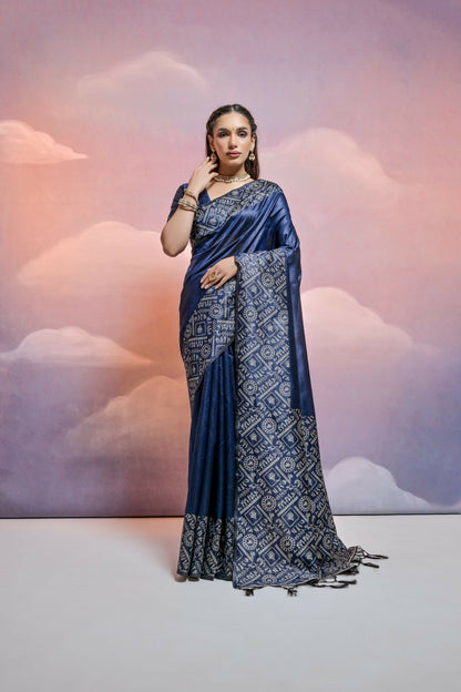 Vishnu Weaves Women's Navy-Blue Handloom Raw Silk Woven Border Saree with Blouse