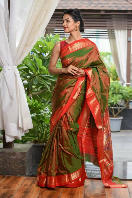 Very Much Indian Pure Silk Yeola Handloom Green Red Dual Tone - Paithani Saree With Traditional Double Pallu