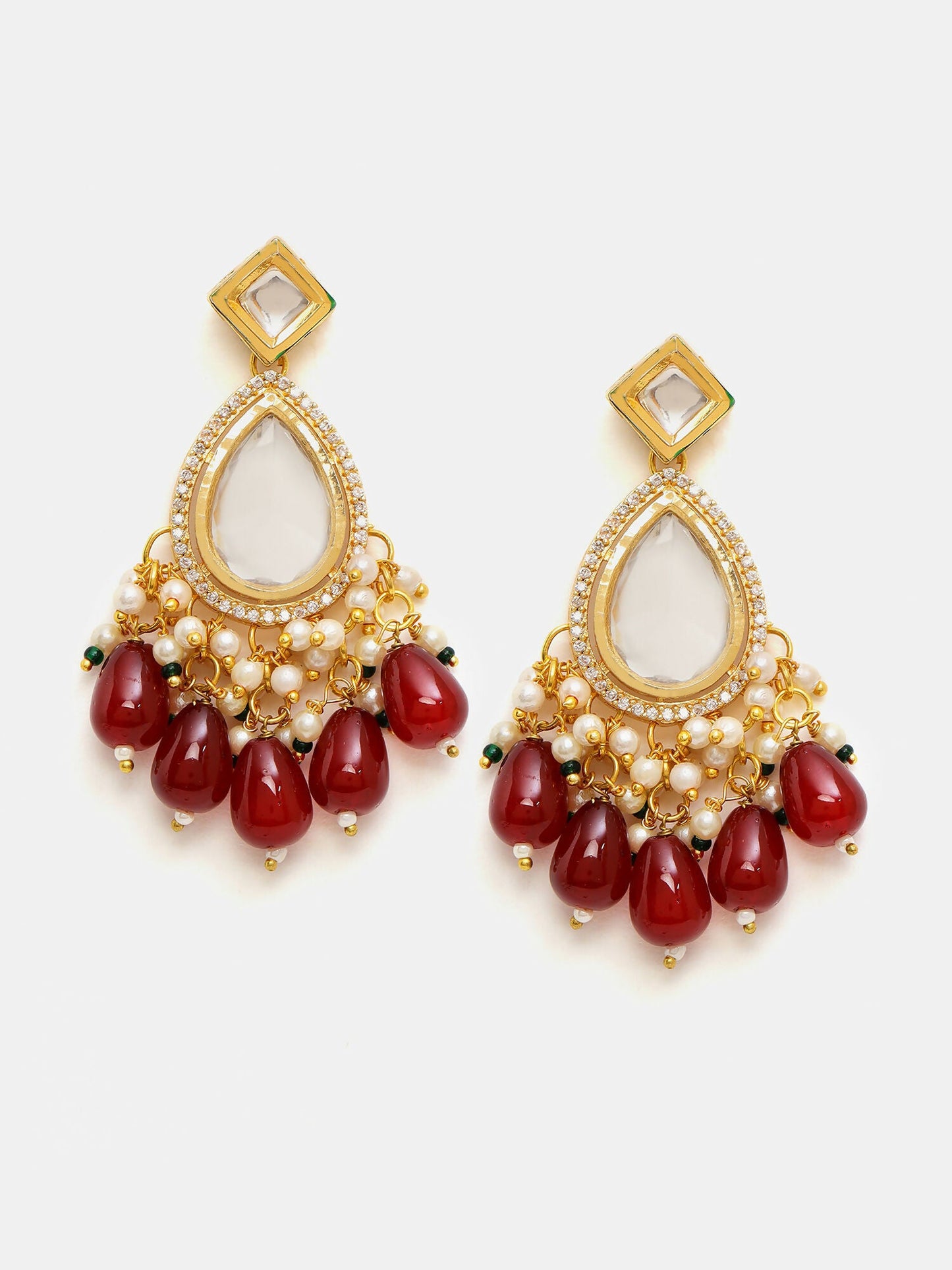 Ruby Raang Gold Polished Kundan Earrings With Maroon Stones