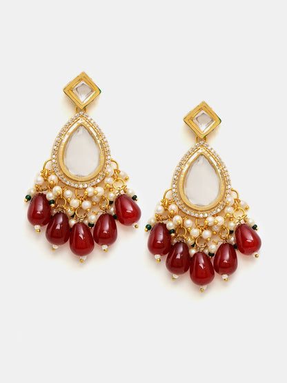 Ruby Raang Gold Polished Kundan Earrings With Maroon Stones