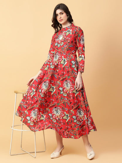 Joban Fashion Red Cotton Printed & Hand Work Dress