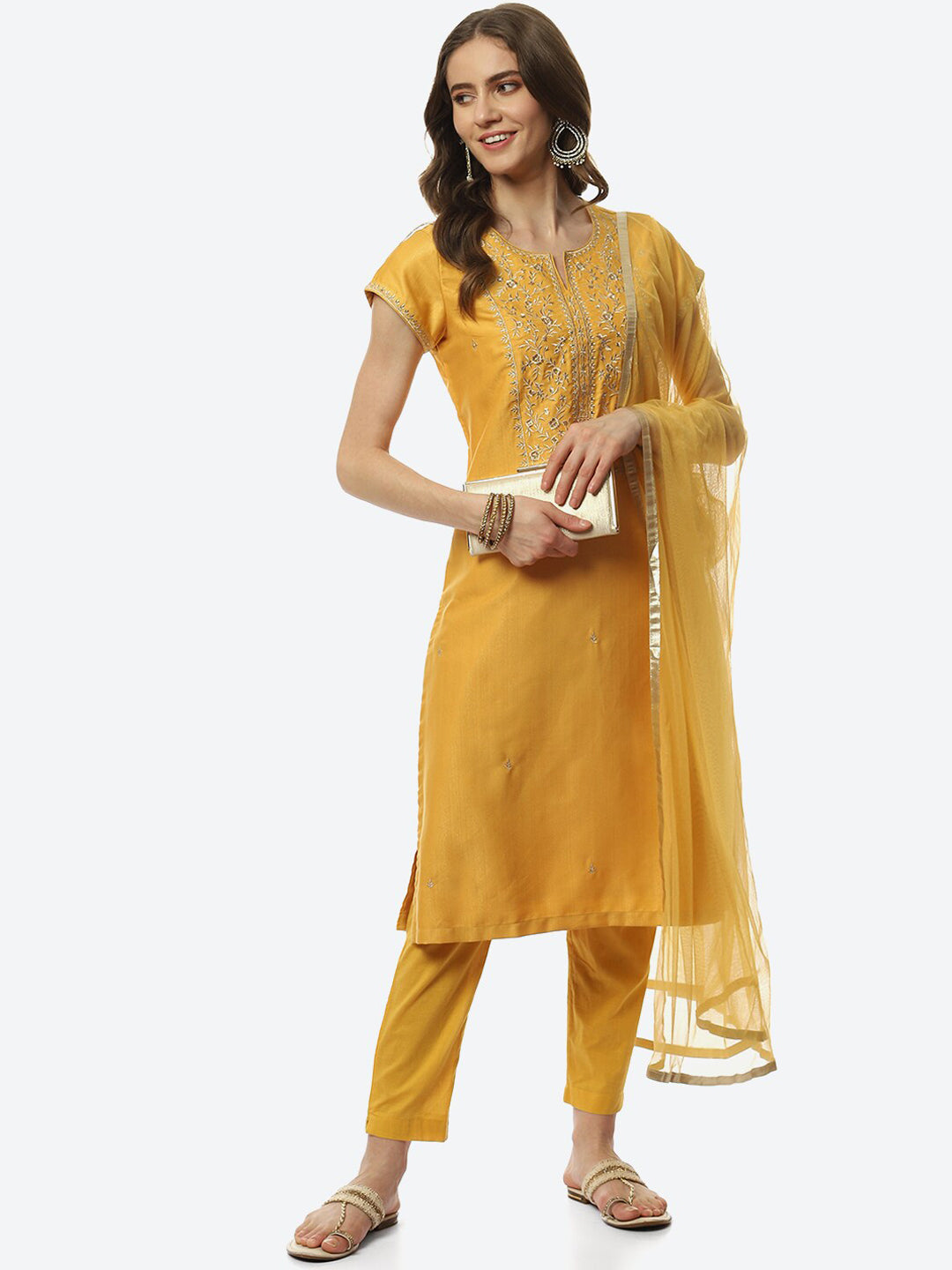 Biba Women Mustard Yellow Floral Embroidered Kurta with Trousers & With Dupatta