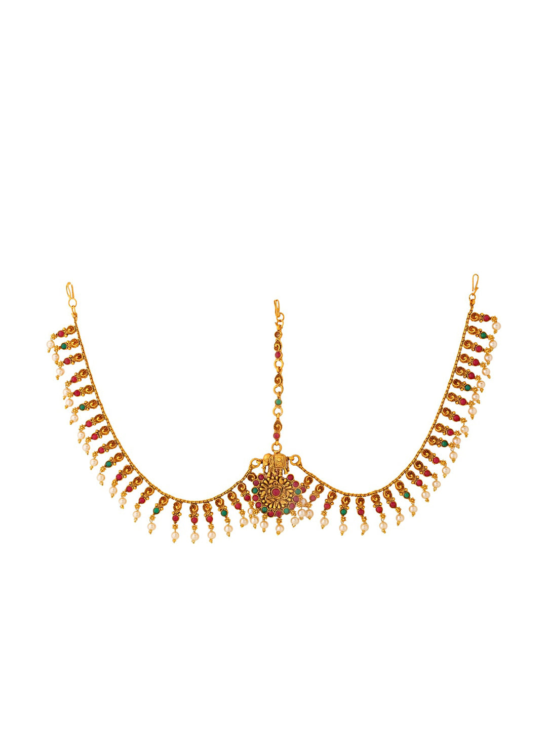 Yellow Chimes Women Gold-Polished,Maroon,Green White Pearl Hanging Bridal Mathapatti