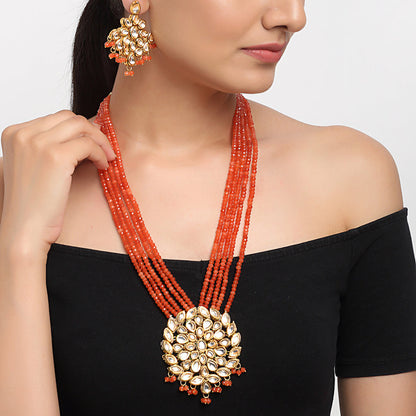 Adorable Red Pearl Kundan Necklace With Earrings