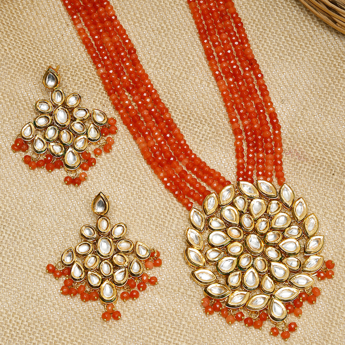 Adorable Red Pearl Kundan Necklace With Earrings
