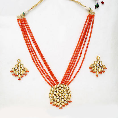 Adorable Red Pearl Kundan Necklace With Earrings