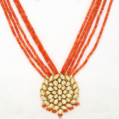 Adorable Red Pearl Kundan Necklace With Earrings