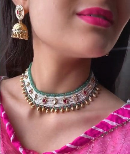 Antique Designer Moti with Green Pearl Jhumka Earrings
