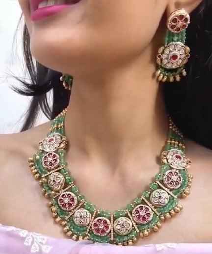 Antique Gold Plated Crystal Kundan Jewellery Set with Earrings