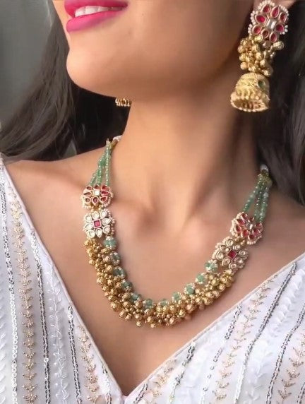 Antique Green bead necklace Set with Beautiful Kundan Jhumki