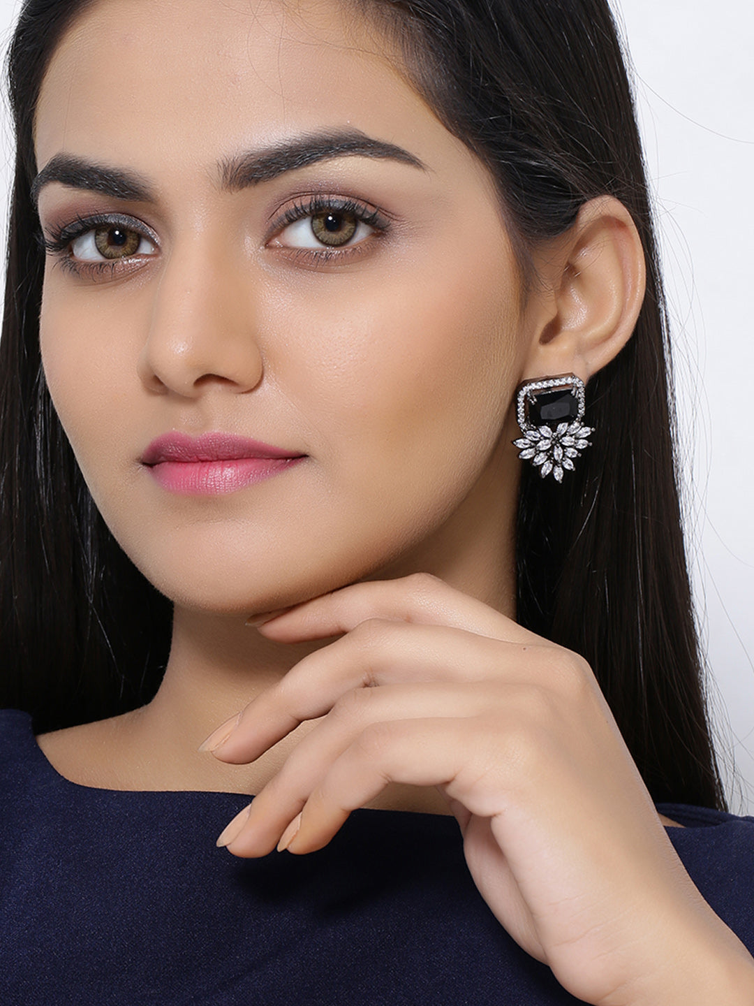 Shoshaa Silver-Plated & Black CZ Studded Contemporary Drop Earrings