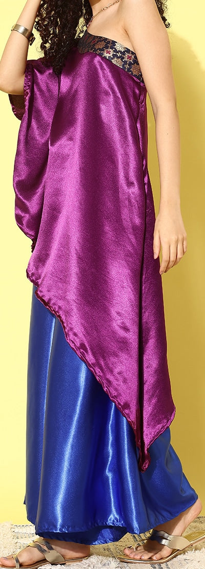 InWeave Women's Wine Navy Brocade Satin Oneshoulder Blue Palazzo Set
