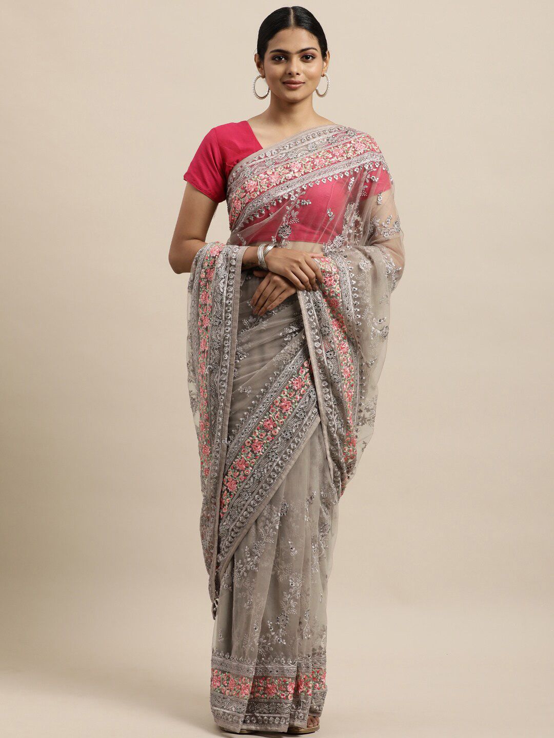 kasee Grey & Fuchsia Floral Embroidered Net Heavy Work Saree