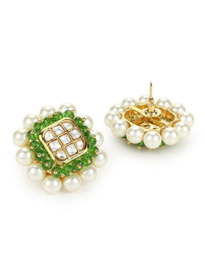 Pearl Kundan Studs with Green Stone Detailing- Ruby Raang