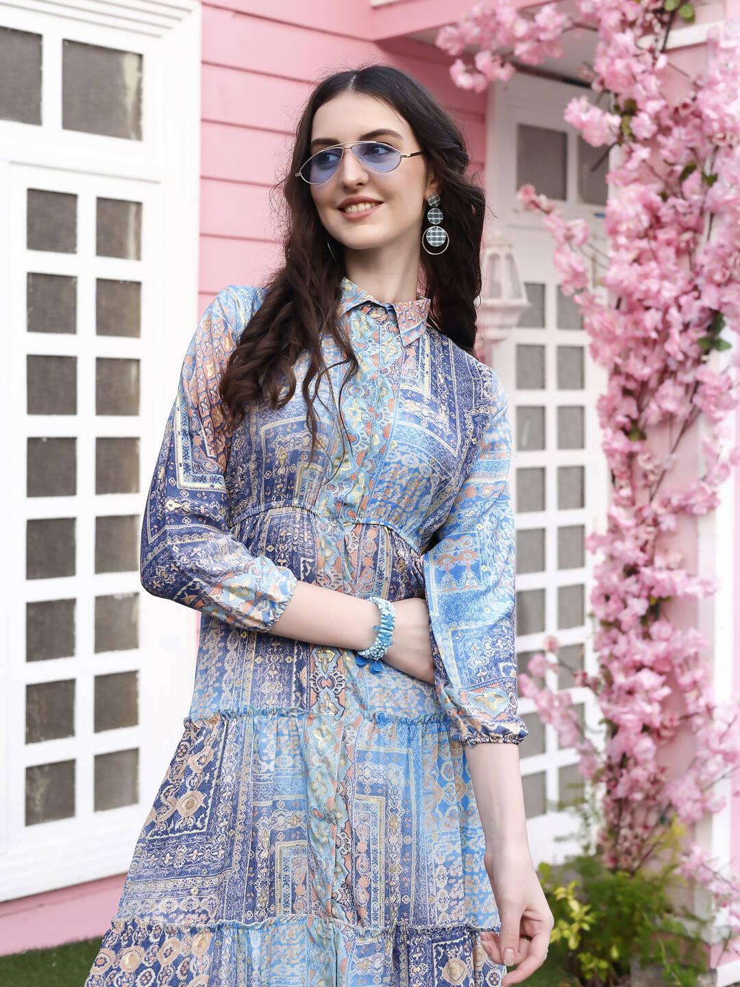 Light Blue Crepe Foil Printed Long Dress - Michan