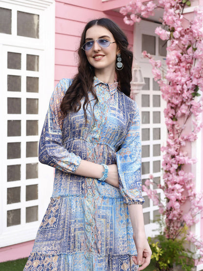 Light Blue Crepe Foil Printed Long Dress - Michan