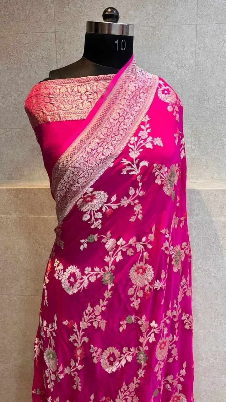 Banarasi Handloom Khaddi Georgette Silk Saree With Real Water Zari Weaving Work