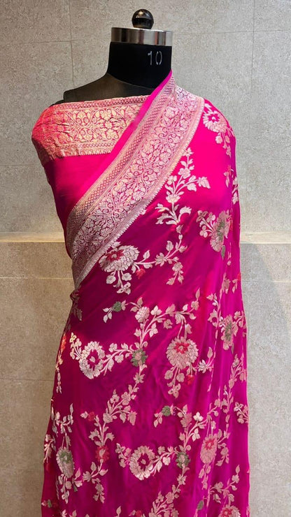 Banarasi Handloom Khaddi Georgette Silk Saree With Real Water Zari Weaving Work