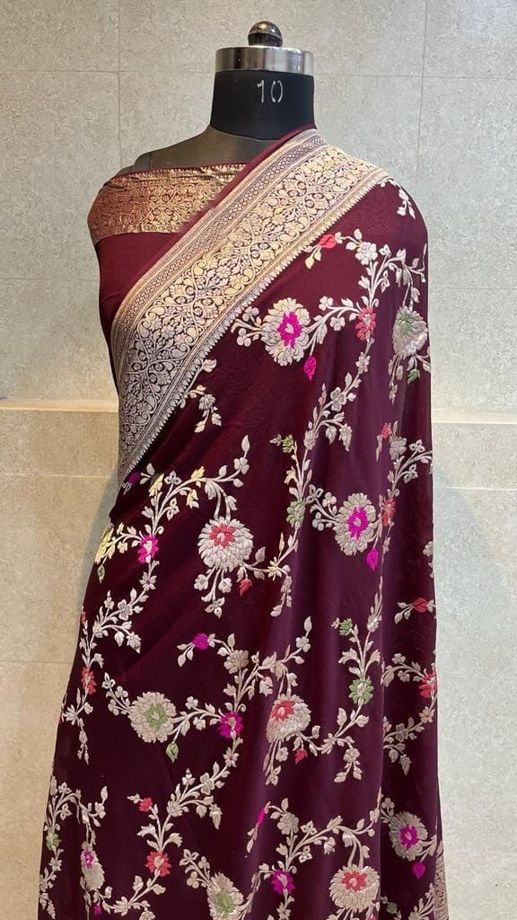 Banarasi Handloom Khaddi Georgette Silk Saree With Real Water Zari Weaving Work