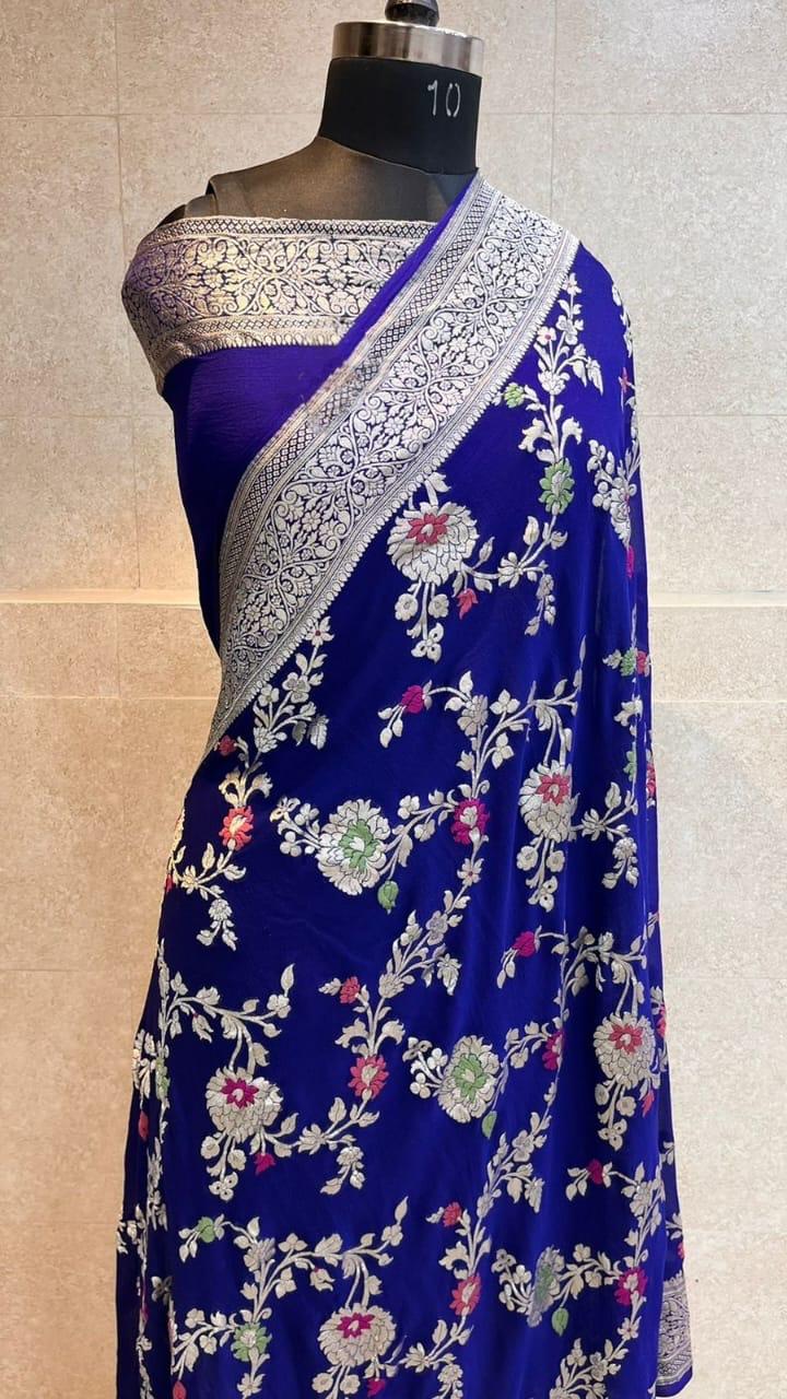 Banarasi Handloom Khaddi Georgette Silk Saree With Real Water Zari Weaving Work