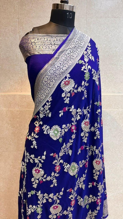 Banarasi Handloom Khaddi Georgette Silk Saree With Real Water Zari Weaving Work